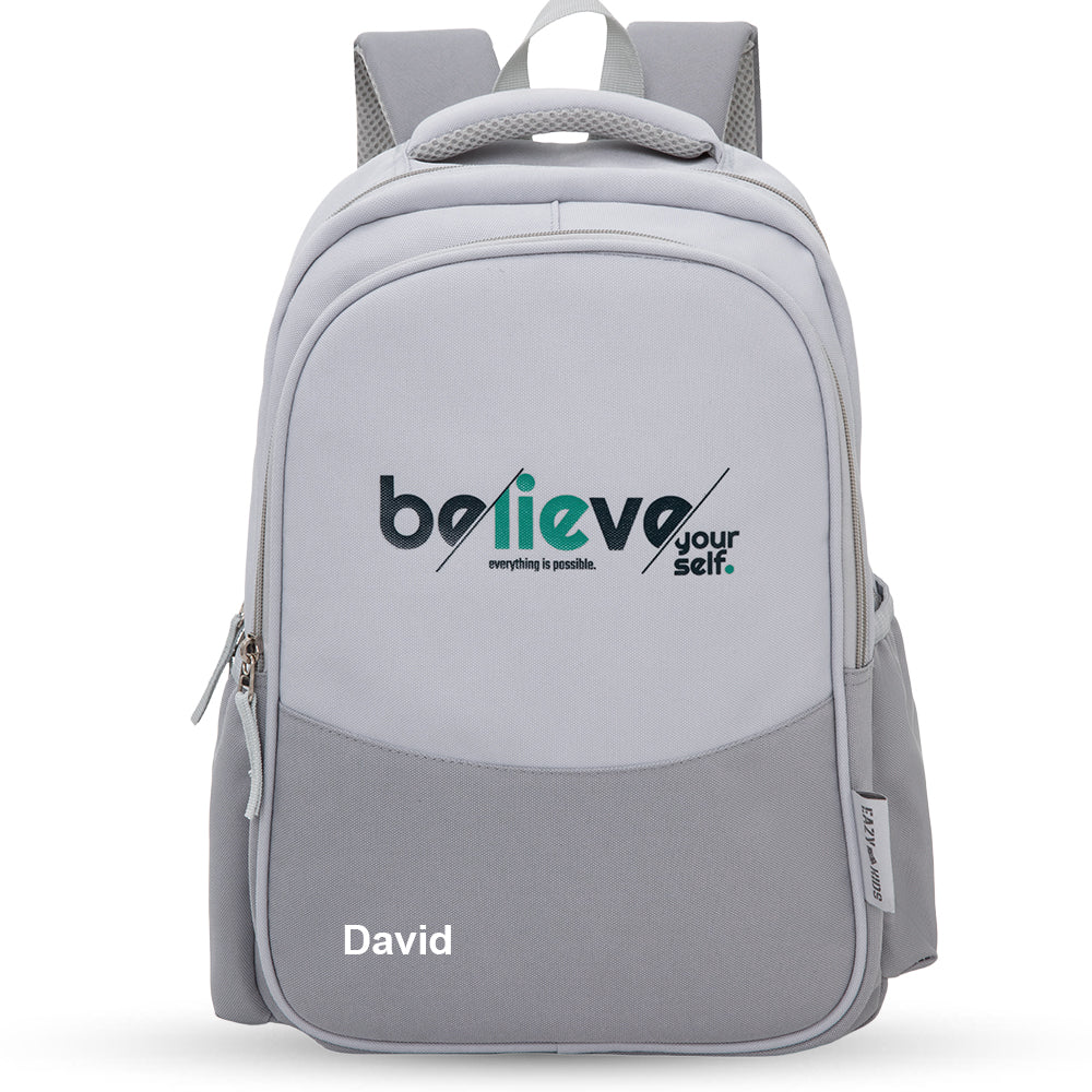 Eazy Kids Personalized 15.3β Lightweight School Backpack for Kids β Believe Yourself Design, Grey