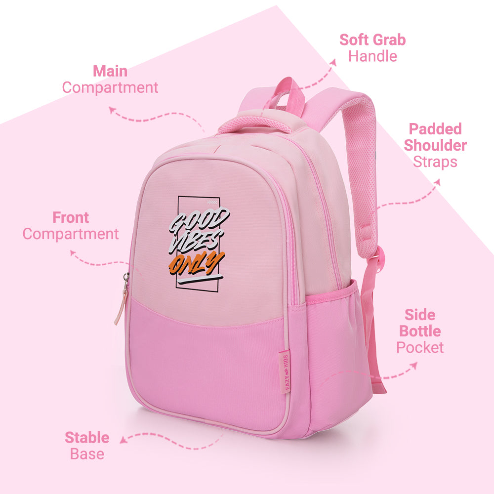 Eazy Kids Personalized 15.3” Lightweight School Backpack for Kids – Good Vibes Only Design, Pink
