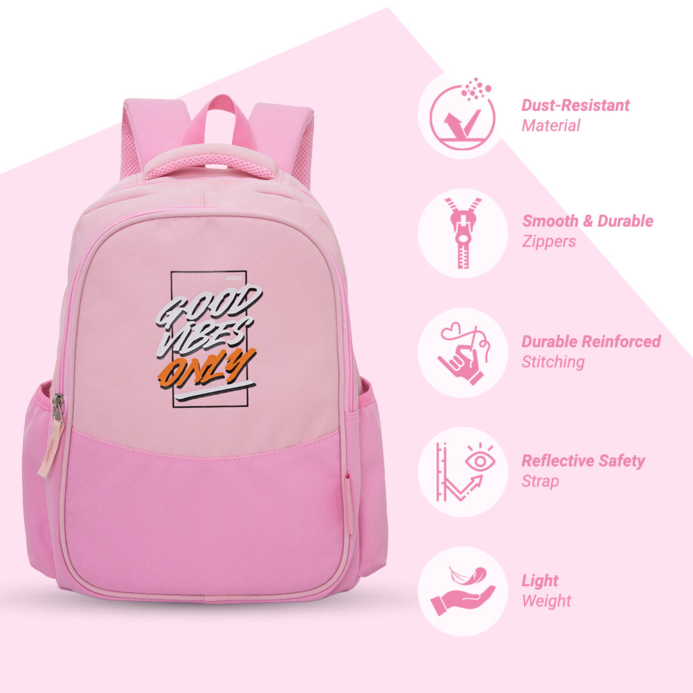 Eazy Kids Personalized 15.3” Lightweight School Backpack for Kids – Good Vibes Only Design, Pink