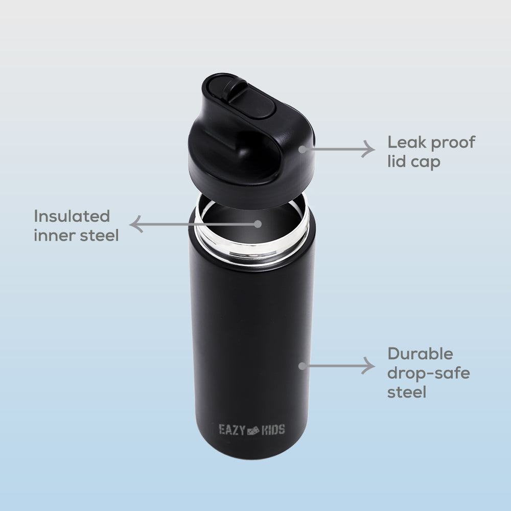 EAZY KIDS Insulated Sports Water Bottle - Black, 550ml