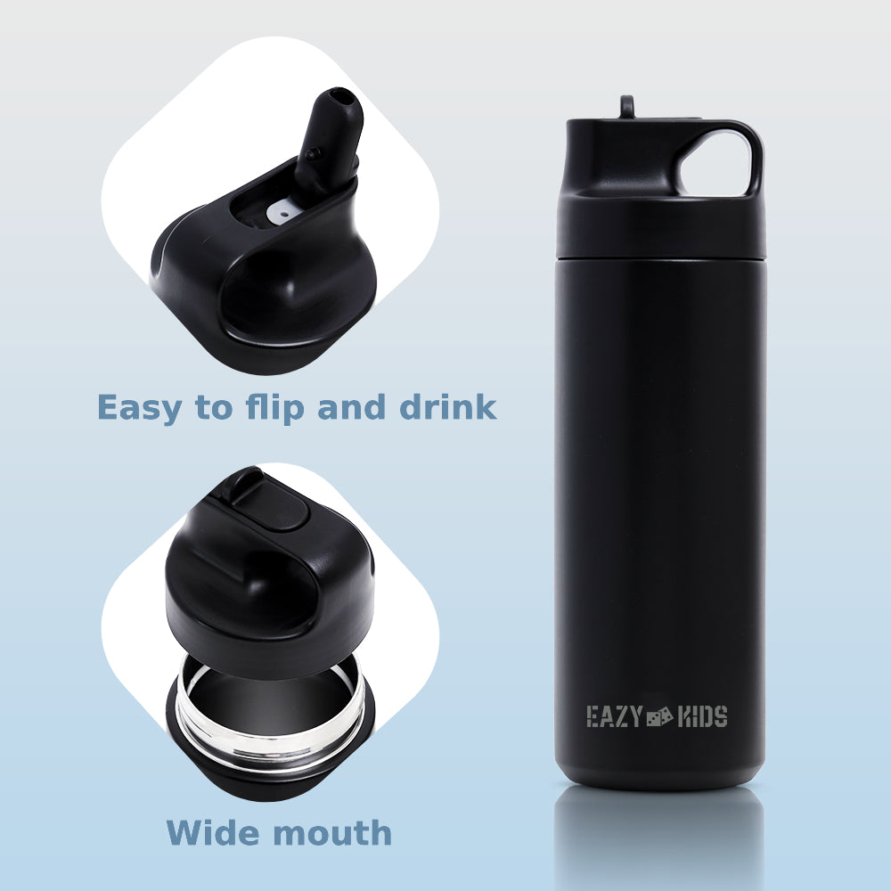 EAZY KIDS Insulated Sports Water Bottle - Black, 550ml