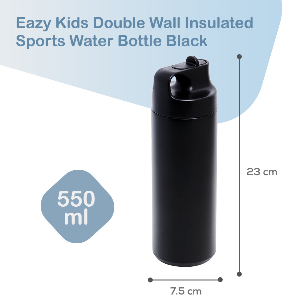 EAZY KIDS Insulated Sports Water Bottle - Black, 550ml