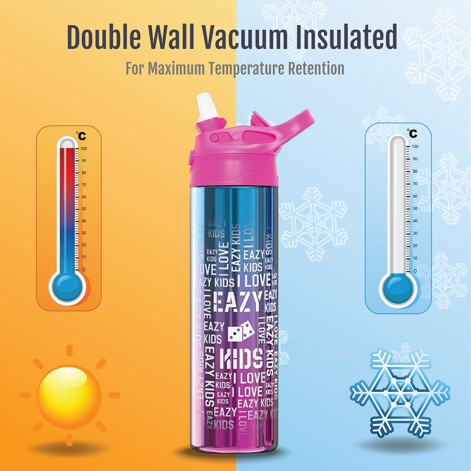 EAZY KIDS Double wall Stainless Steel Water Bottle - Pink(530ml)