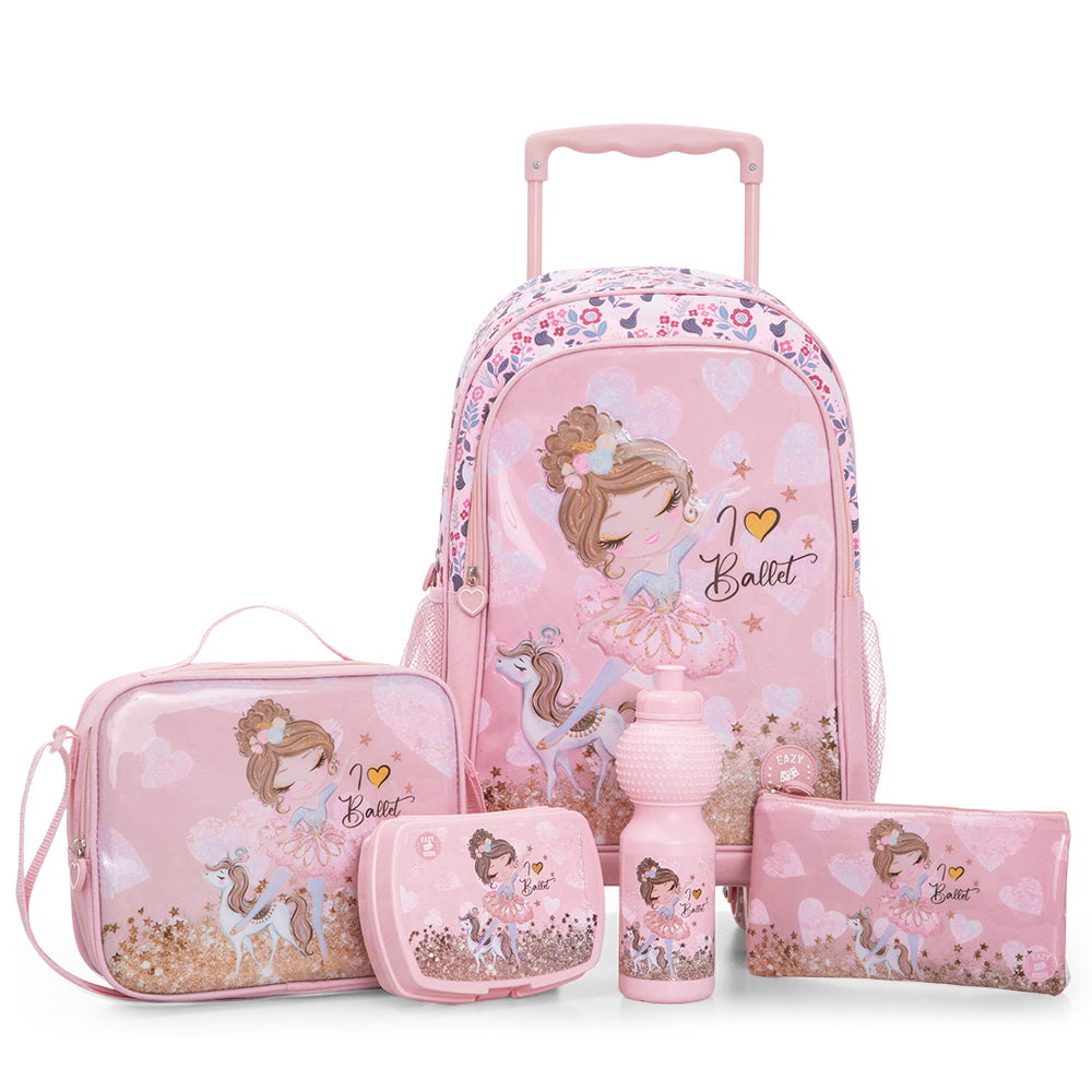 Eazy Kids Set of 5 Trolley 16" School Bag Combo - Ballet Pink