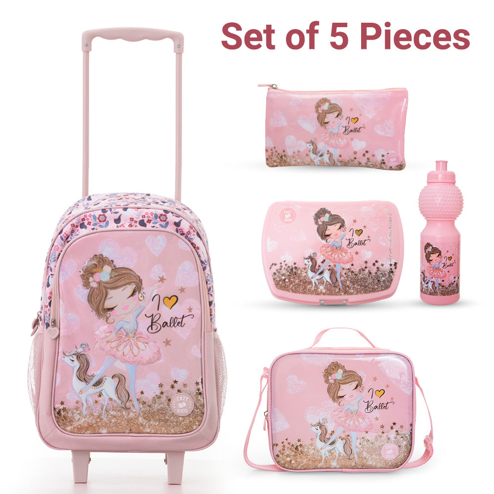 Eazy Kids Set of 5 Trolley 16" School Bag Combo - Ballet Pink