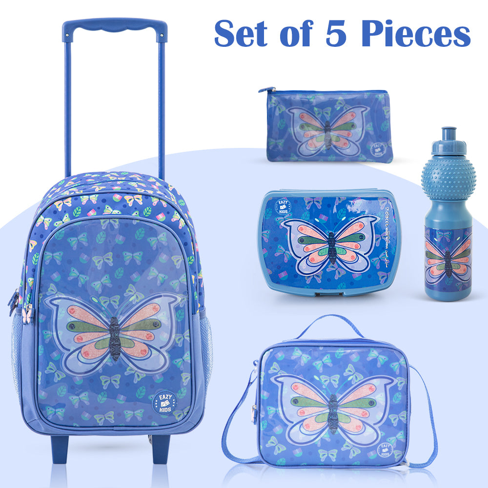 Eazy Kids 17” Trolley School Bag 5-in-1 with Wheels – Backpack, Lunch Bag, Water Bottle, Lunch Box & Pencil Case, Blue