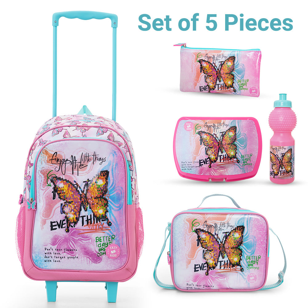 Eazy Kids Set of 5 Trolley 16" School Bag Combo - Butterfly Mint