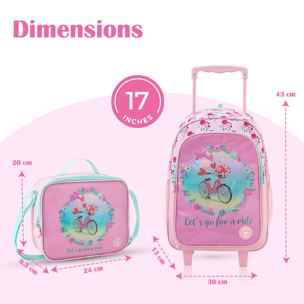 Eazy Kids 17” Trolley School Bag Value Pack 5-in-1 with Wheels – Backpack, Lunch Bag, Water Bottle, Lunch Box & Pencil Case, Pink