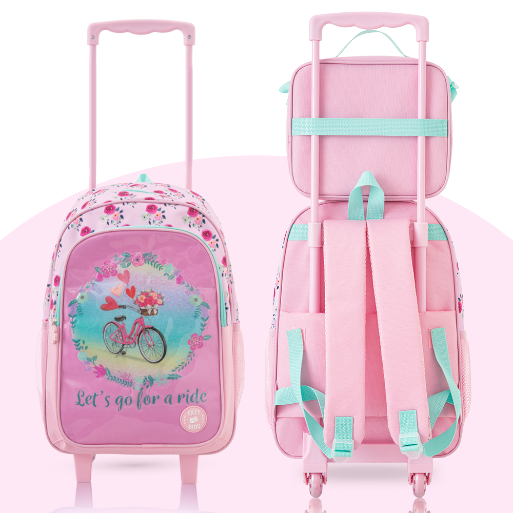 Eazy Kids 17” Trolley School Bag Value Pack 5-in-1 with Wheels – Backpack, Lunch Bag, Water Bottle, Lunch Box & Pencil Case, Pink