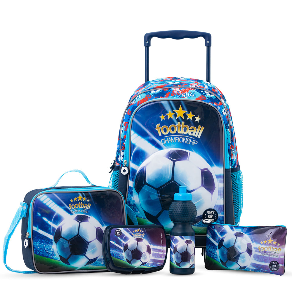 Eazy Kids Set of 5 Trolley 16" School Bag Combo - Soccer Blue