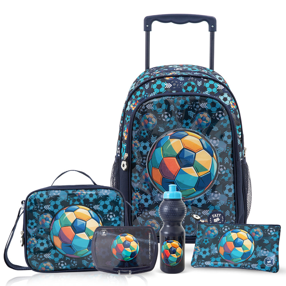 Eazy Kids 17” Trolley School Bag Value Pack 5-in-1 with Wheels – Backpack, Lunch Bag, Water Bottle, Lunch Box & Pencil Case, Blue