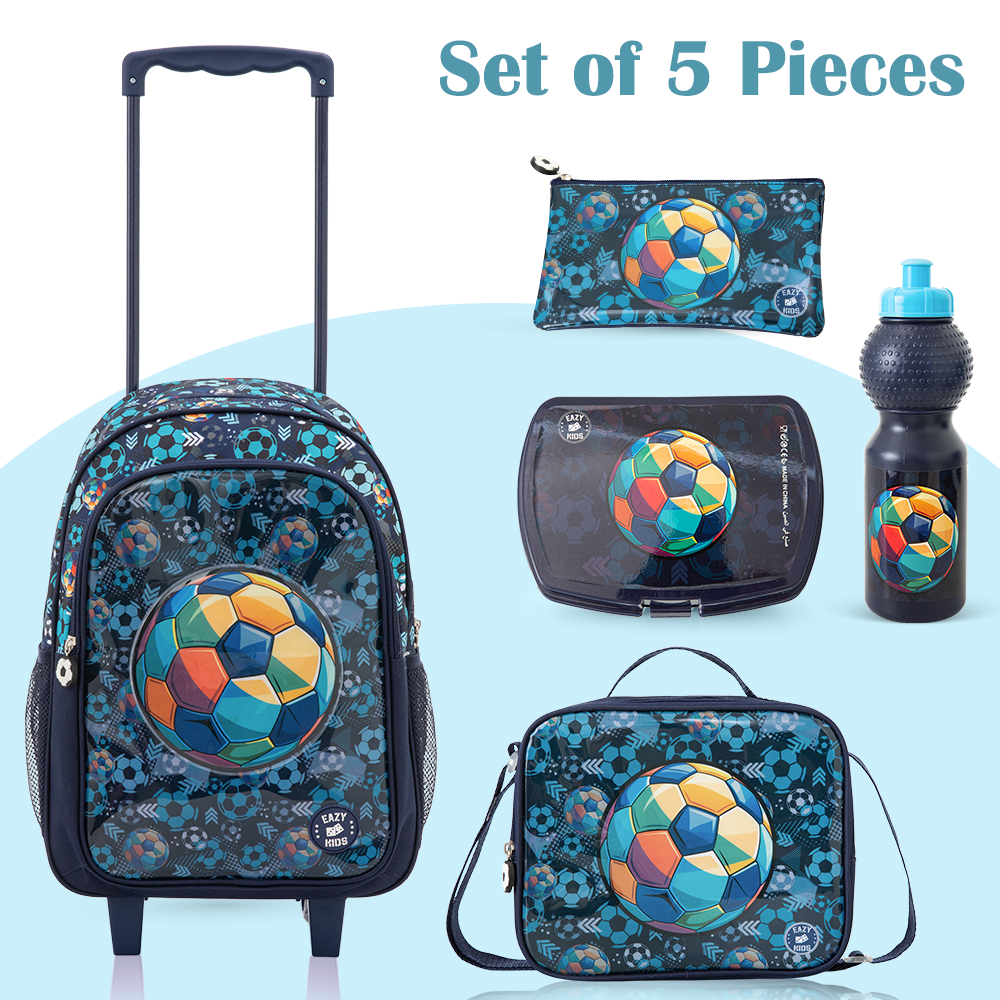 Eazy Kids 17” Trolley School Bag Value Pack 5-in-1 with Wheels – Backpack, Lunch Bag, Water Bottle, Lunch Box & Pencil Case, Blue