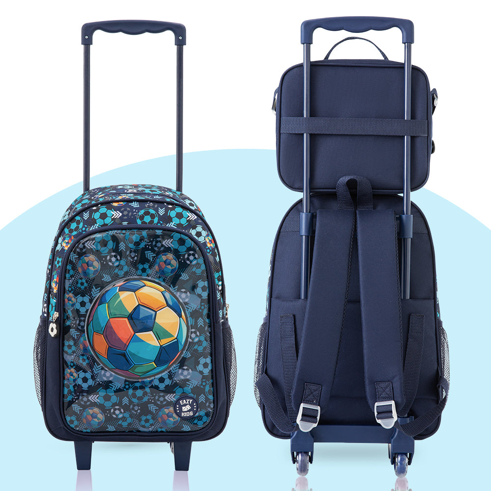 Eazy Kids 17” Trolley School Bag Value Pack 5-in-1 with Wheels – Backpack, Lunch Bag, Water Bottle, Lunch Box & Pencil Case, Blue
