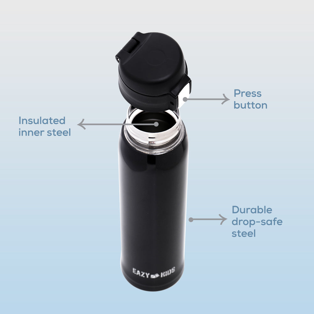 EAZY KIDS Insulated Travel Water Bottle - Black, 500ml