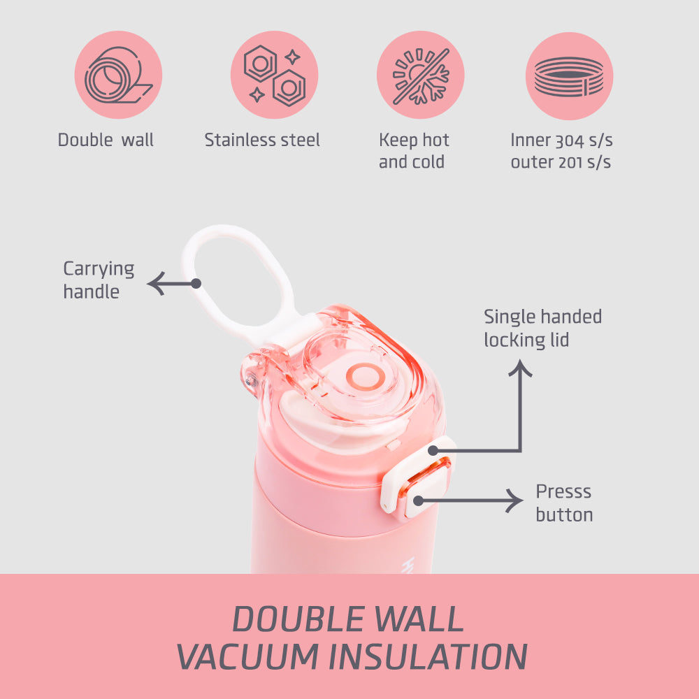 EAZY KIDS Insulated Travel Water Bottle - Pink, 550ml