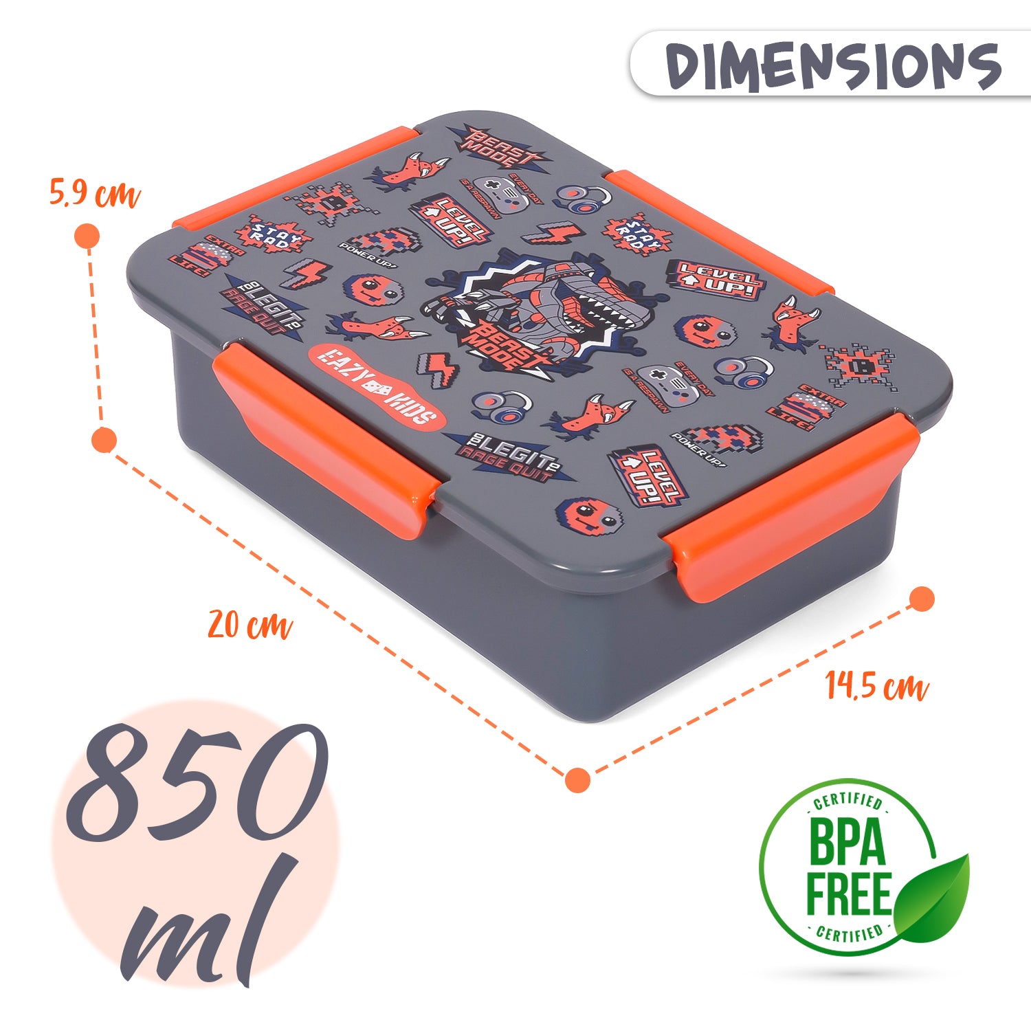 صندوق غداء بينتو قابل للتحويل من إيزي كيدز، 1/2/3/4 حجرات، بتصميم ديناصور - رمادي، 850 مل