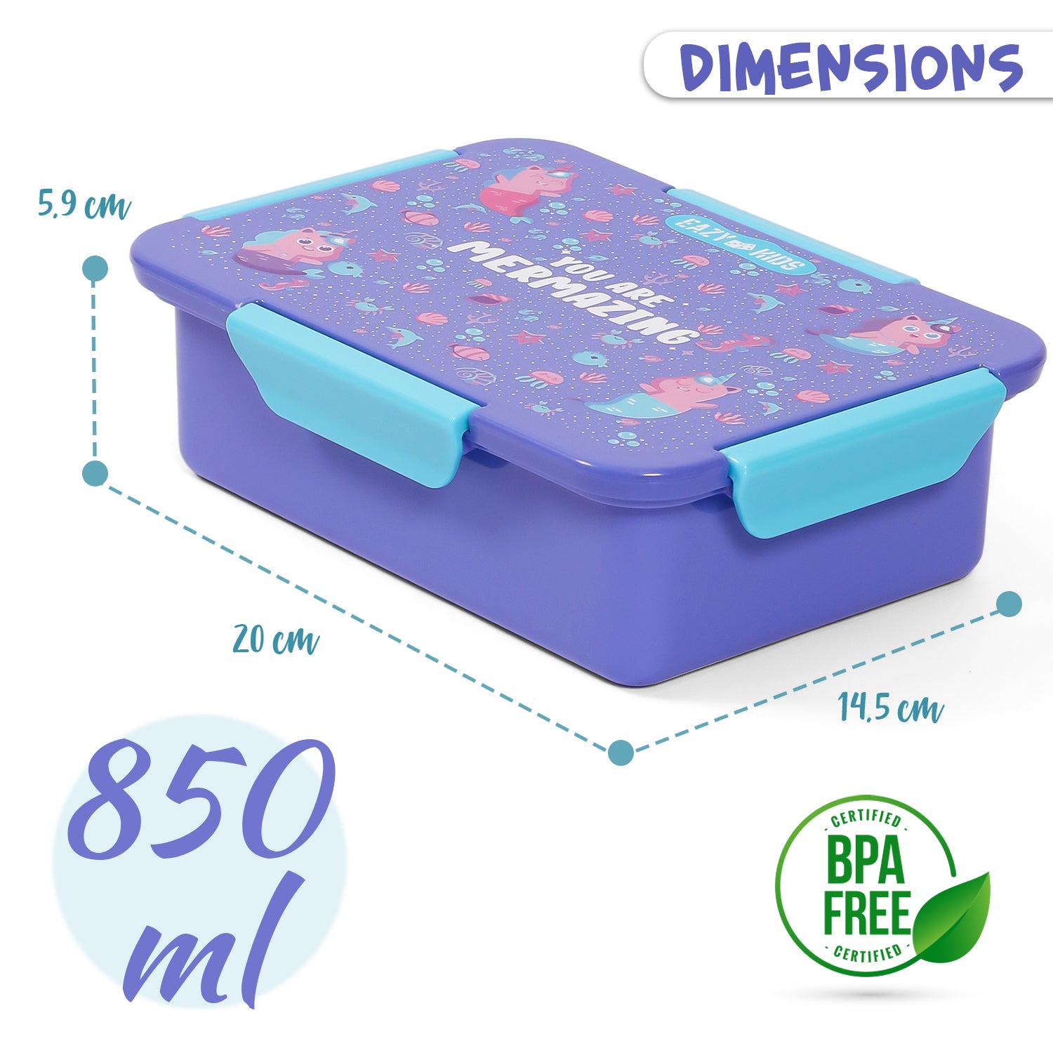 EAZY KIDS 1/2/3/4 Compartment Convertible Bento Lunch Box Mermaid - Purple 850ml