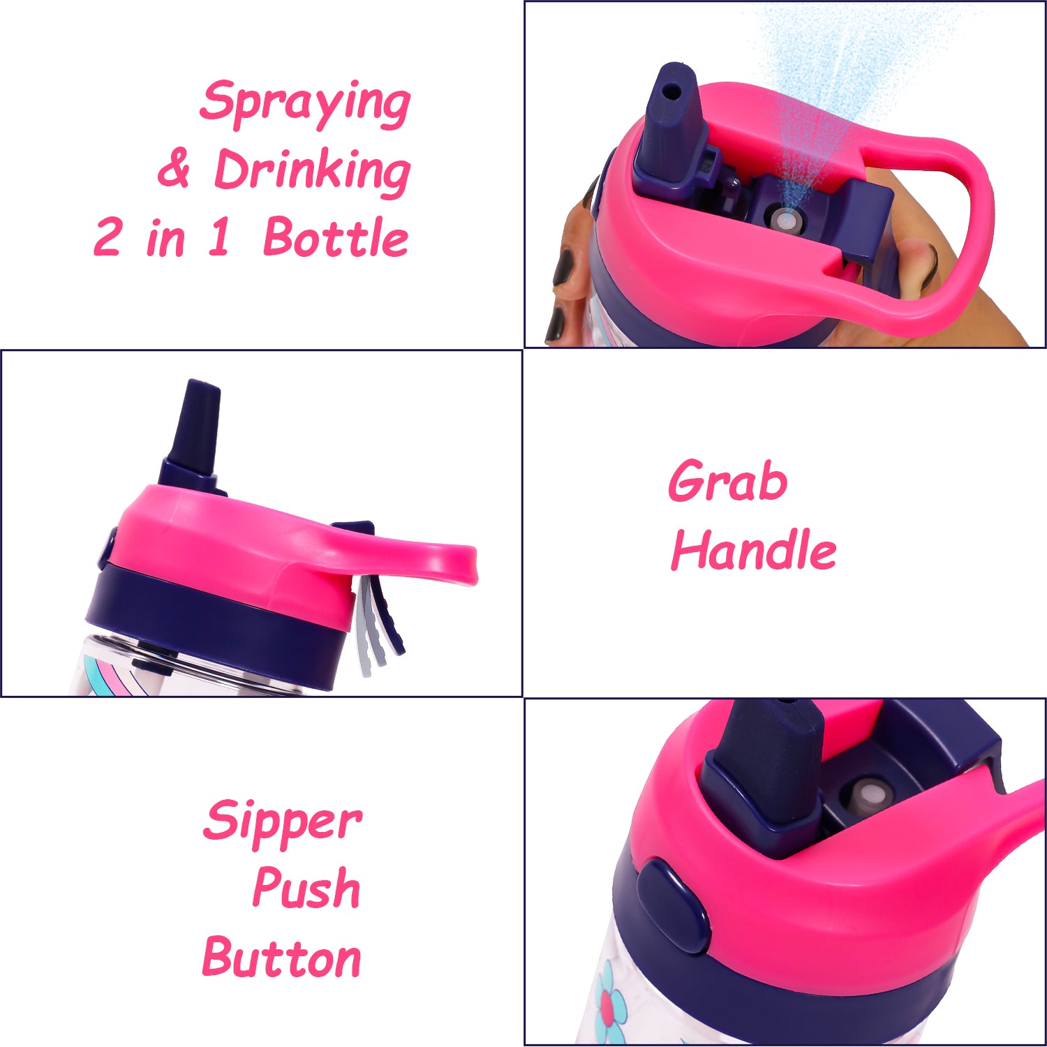 EAZY KIDS Tritan Water Bottle w/Spray, Cat - Pink, 420ml