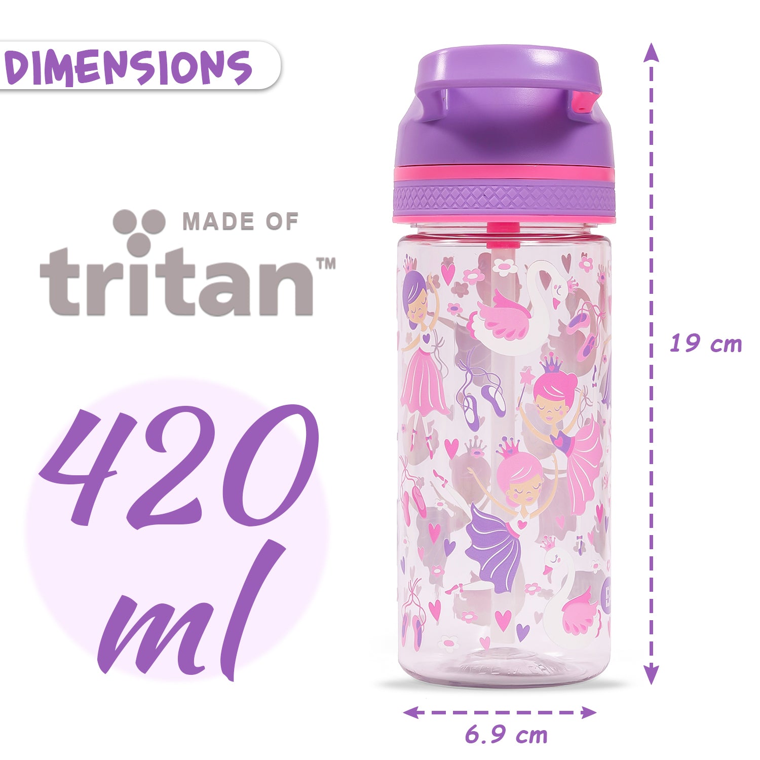 EAZY KIDS Tritan Water Bottle w/Lockable Push button and Carry Handle, Tropical - Purple, 420ml