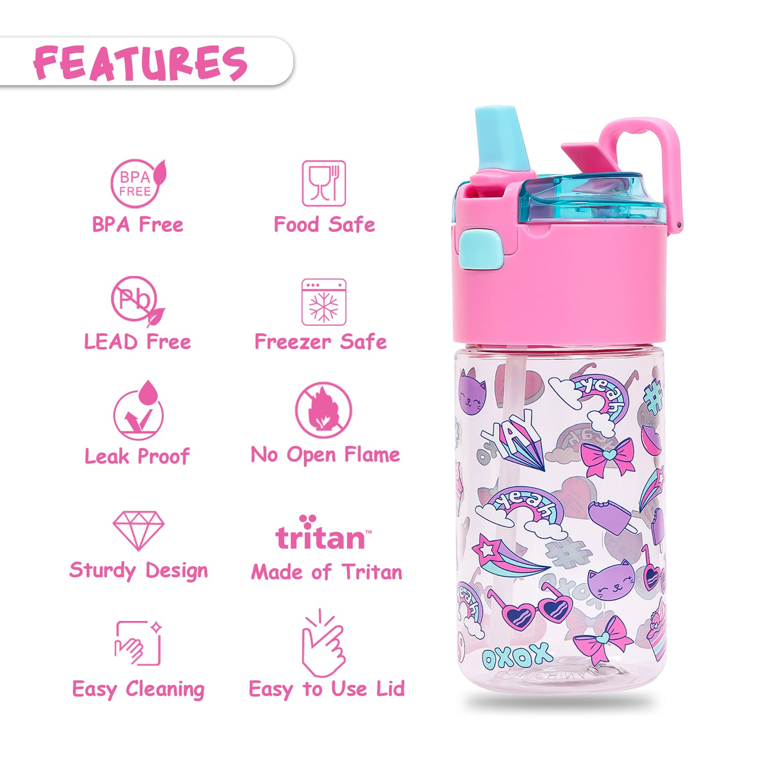 EAZY KIDS Tritan Water Bottle w/Snack Box, Gen Z - Pink, 450ml