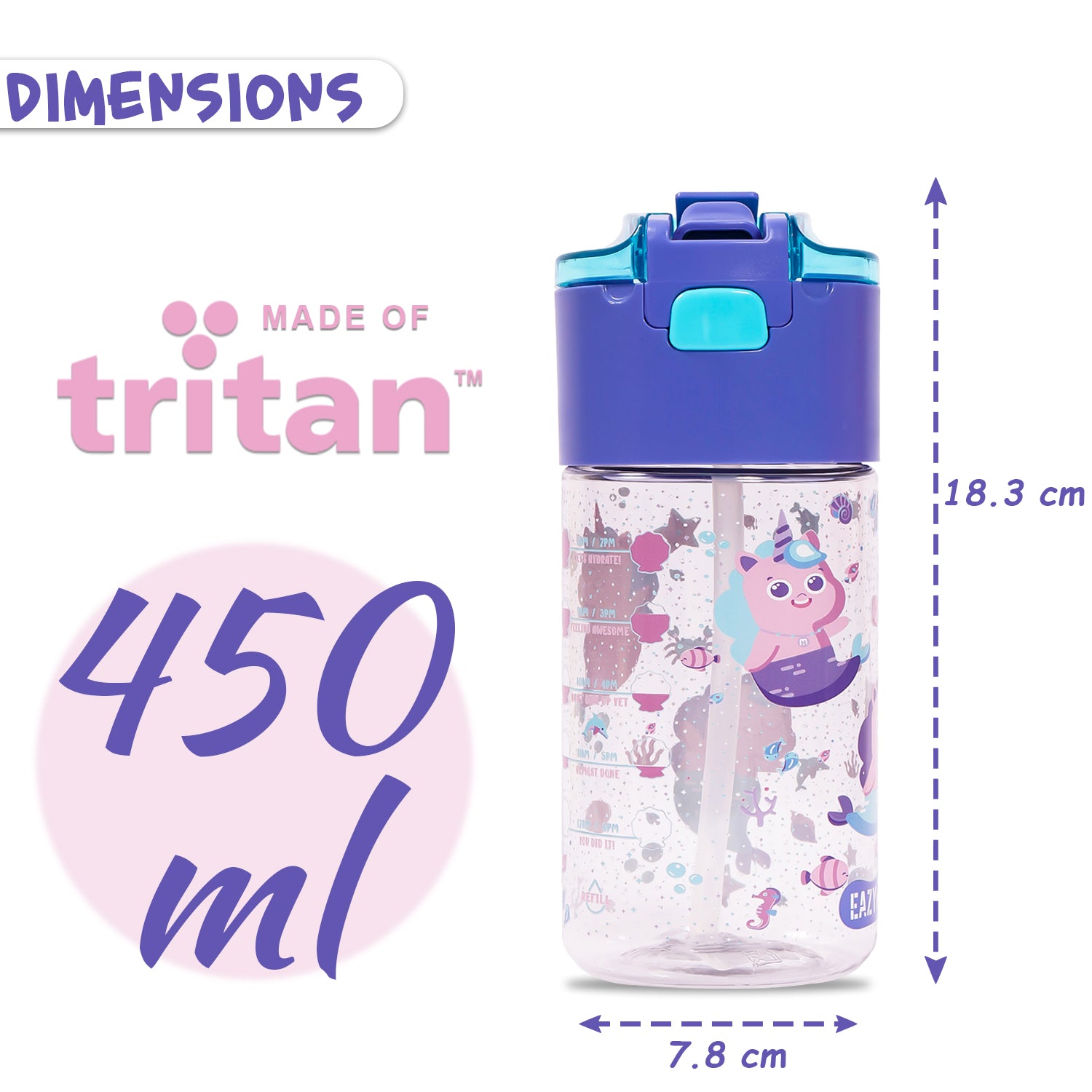 EAZY KIDS Tritan Water Bottle w/Snack Box, Mermaid - Purple, 450ml