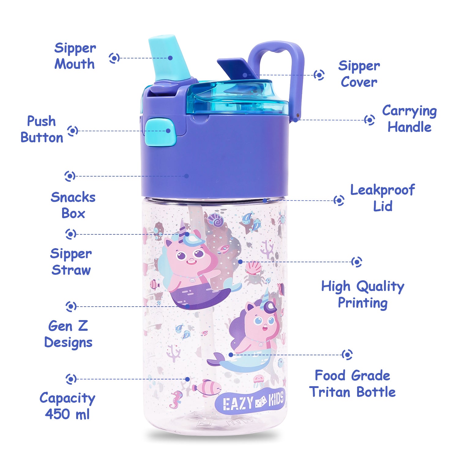EAZY KIDS Tritan Water Bottle w/Snack Box, Mermaid - Purple, 450ml