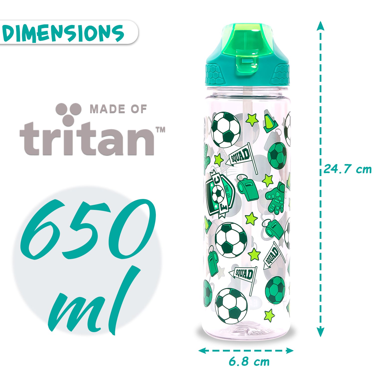 EAZY KIDS Tritan Water Bottle w/2in1 drinking, Flip lid and Sipper, Soccer - Green, 650ml