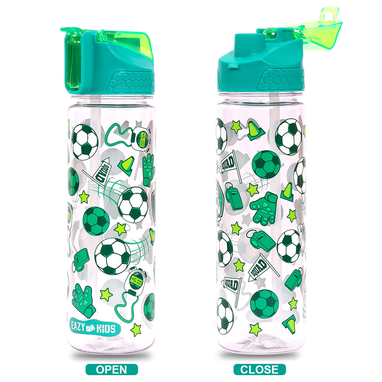 EAZY KIDS Tritan Water Bottle w/2in1 drinking, Flip lid and Sipper, Soccer - Green, 650ml
