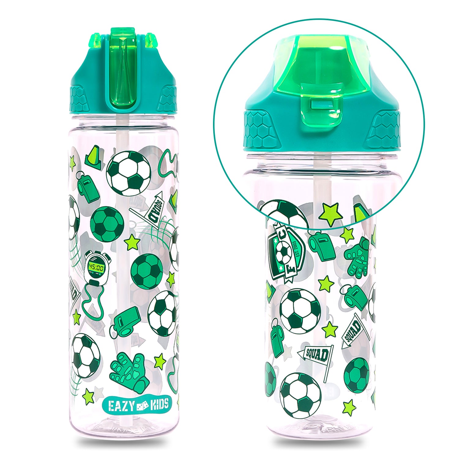 EAZY KIDS Tritan Water Bottle w/2in1 drinking, Flip lid and Sipper, Soccer - Green, 650ml