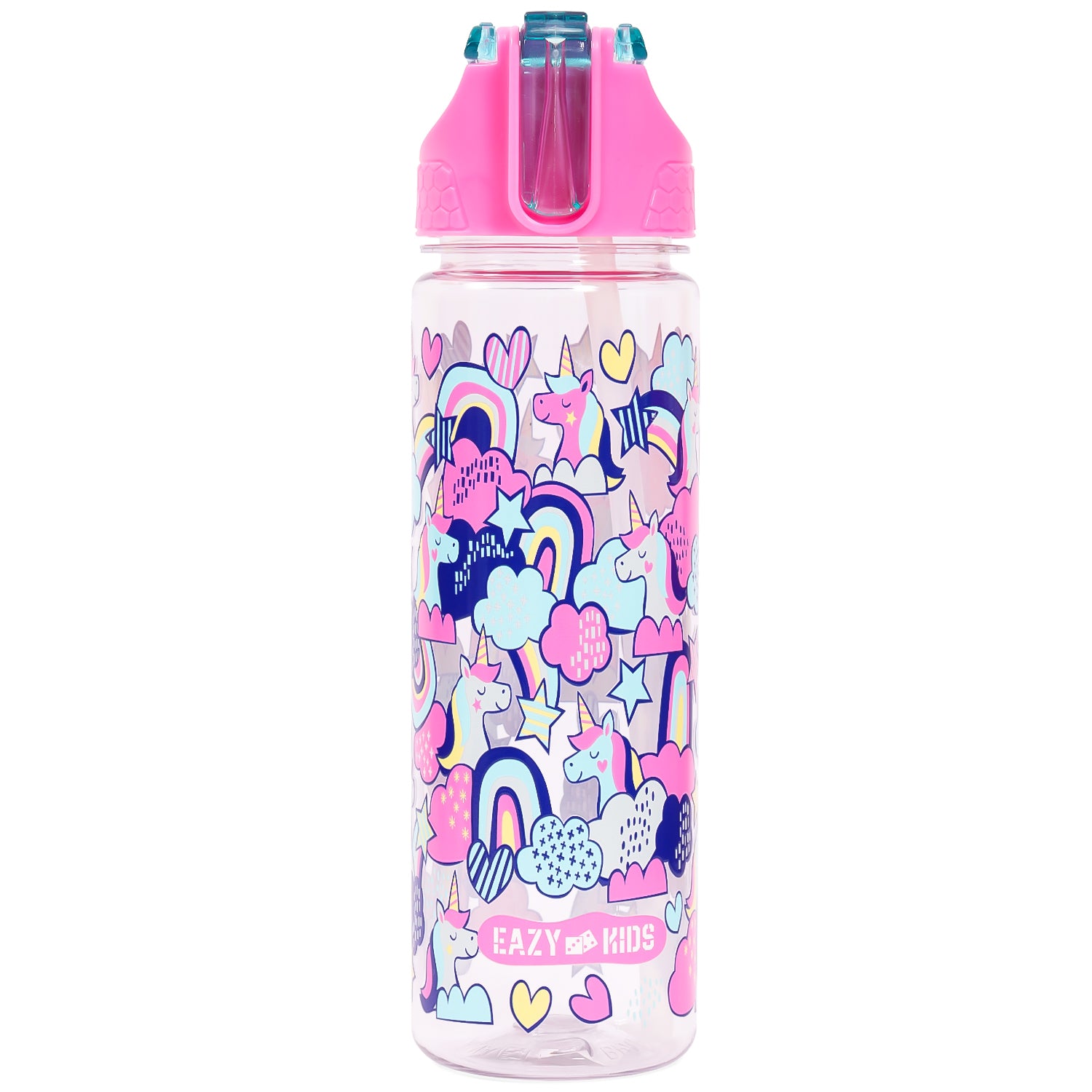 EAZY KIDS Tritan Water Bottle w/2in1 drinking, Flip lid and Sipper, Unicorn - Pink, 650ml