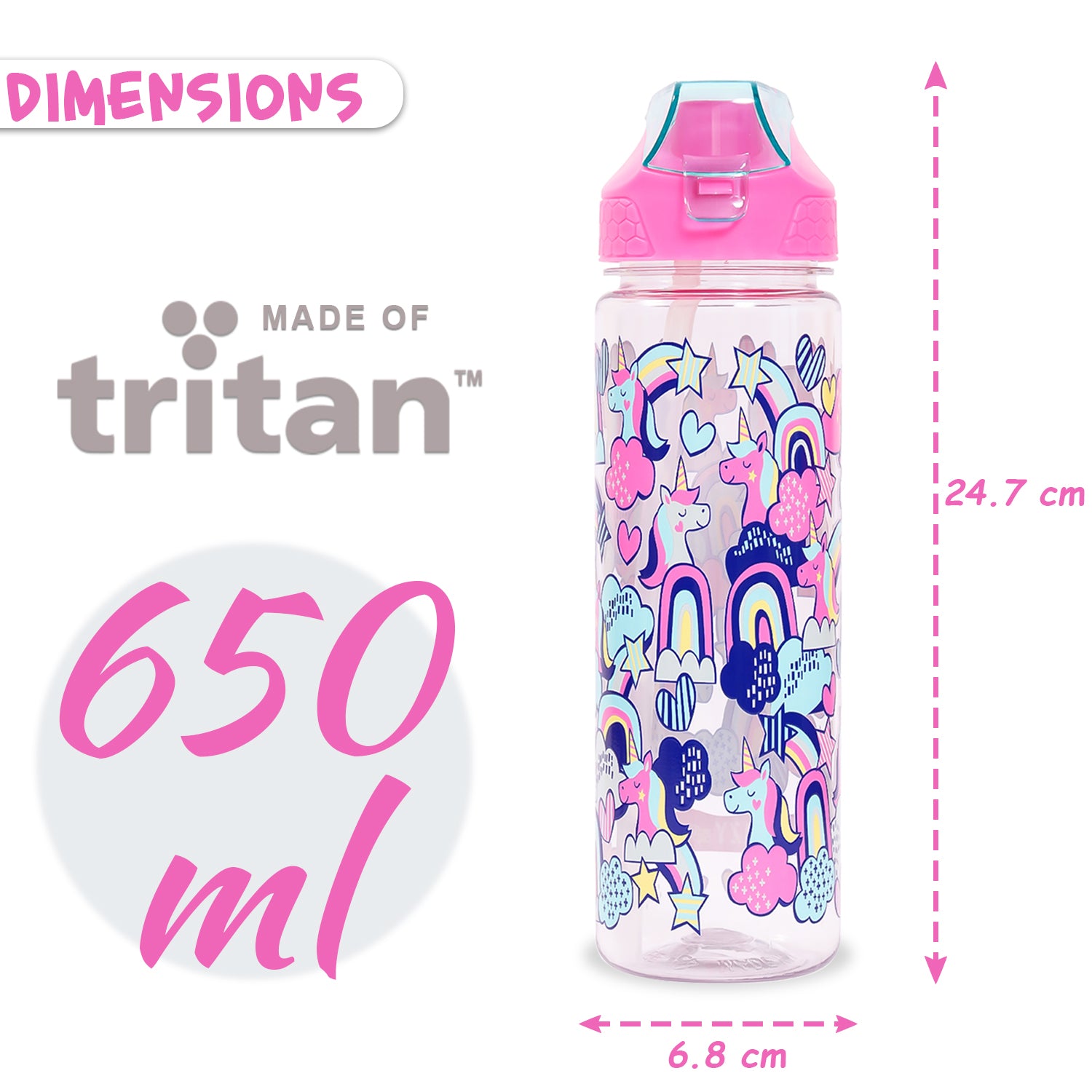 EAZY KIDS Tritan Water Bottle w/2in1 drinking, Flip lid and Sipper, Unicorn - Pink, 650ml