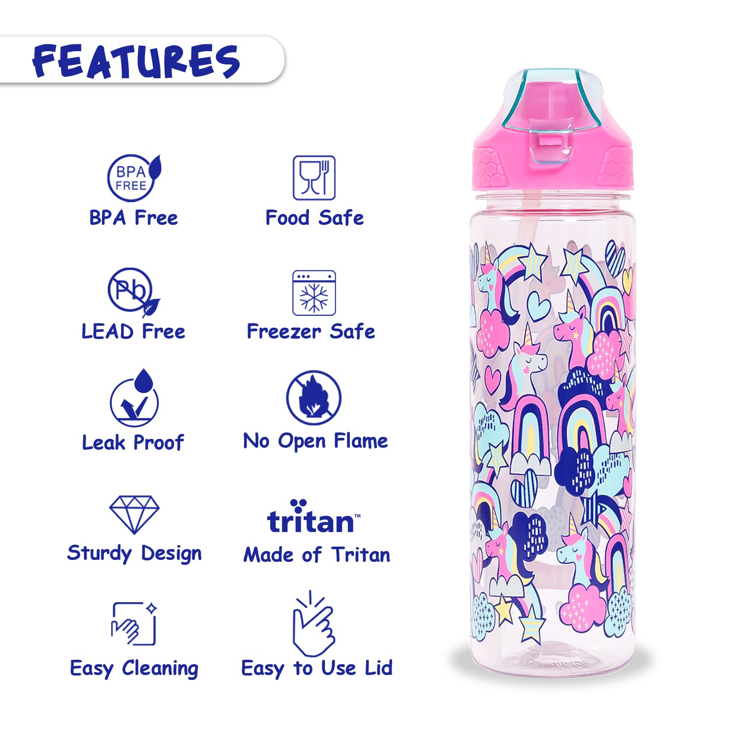EAZY KIDS Tritan Water Bottle w/2in1 drinking, Flip lid and Sipper, Unicorn - Pink, 650ml
