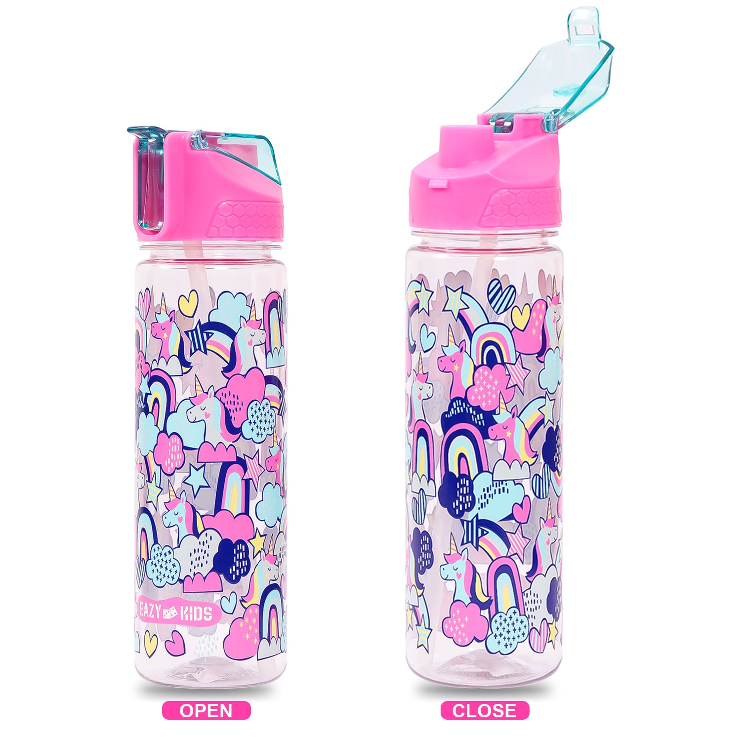 EAZY KIDS Tritan Water Bottle w/2in1 drinking, Flip lid and Sipper, Unicorn - Pink, 650ml