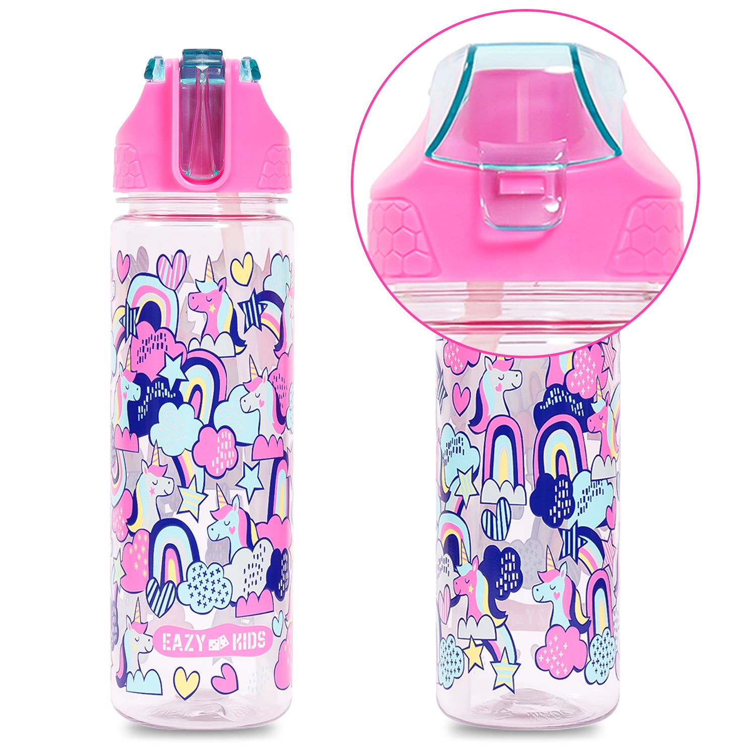 EAZY KIDS Tritan Water Bottle w/2in1 drinking, Flip lid and Sipper, Unicorn - Pink, 650ml