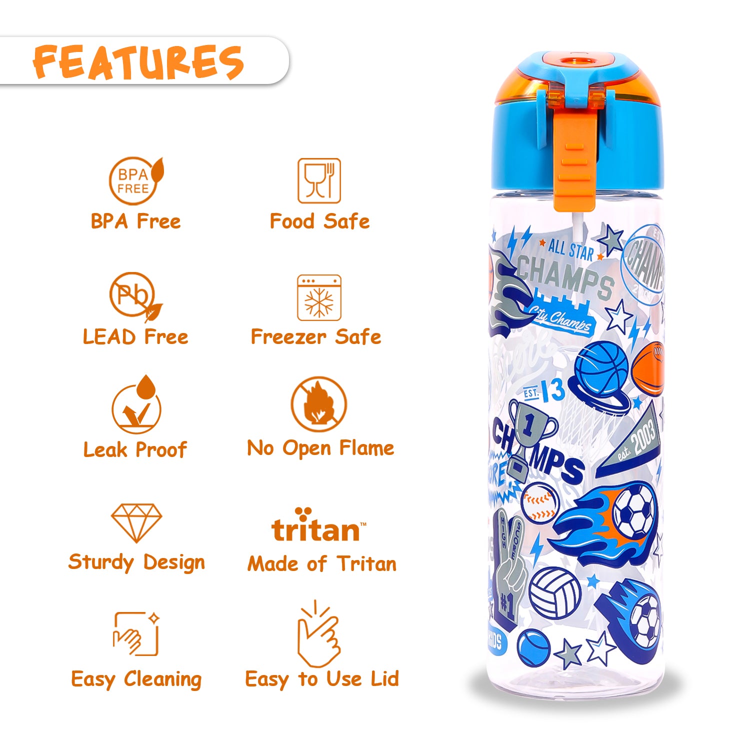 EAZY KIDS Tritan Water Bottle w/Spray, Soccer - Blue, 750ml