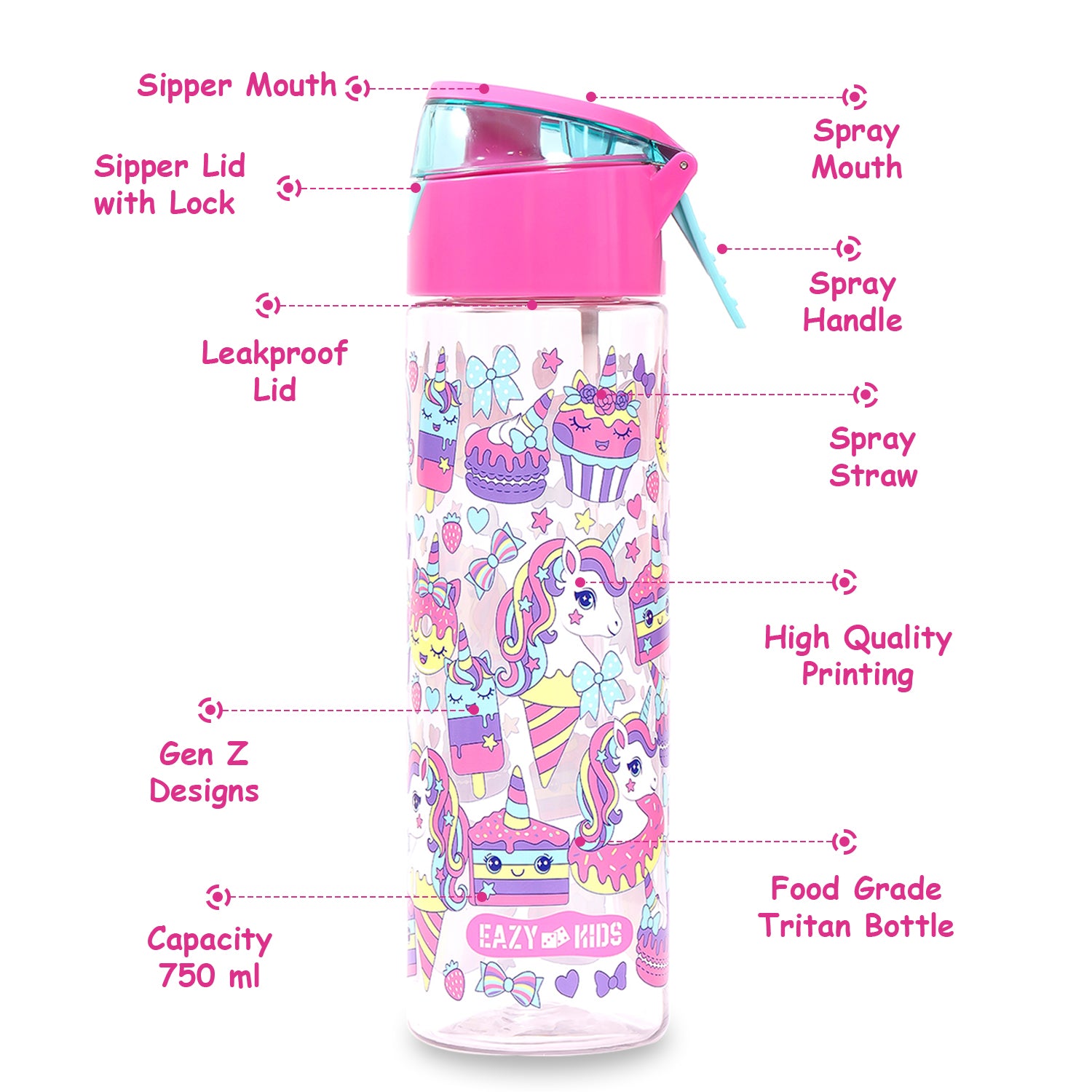 EAZY KIDS Tritan Water Bottle w/Spray, Unicorn Desert - Pink, 750ml