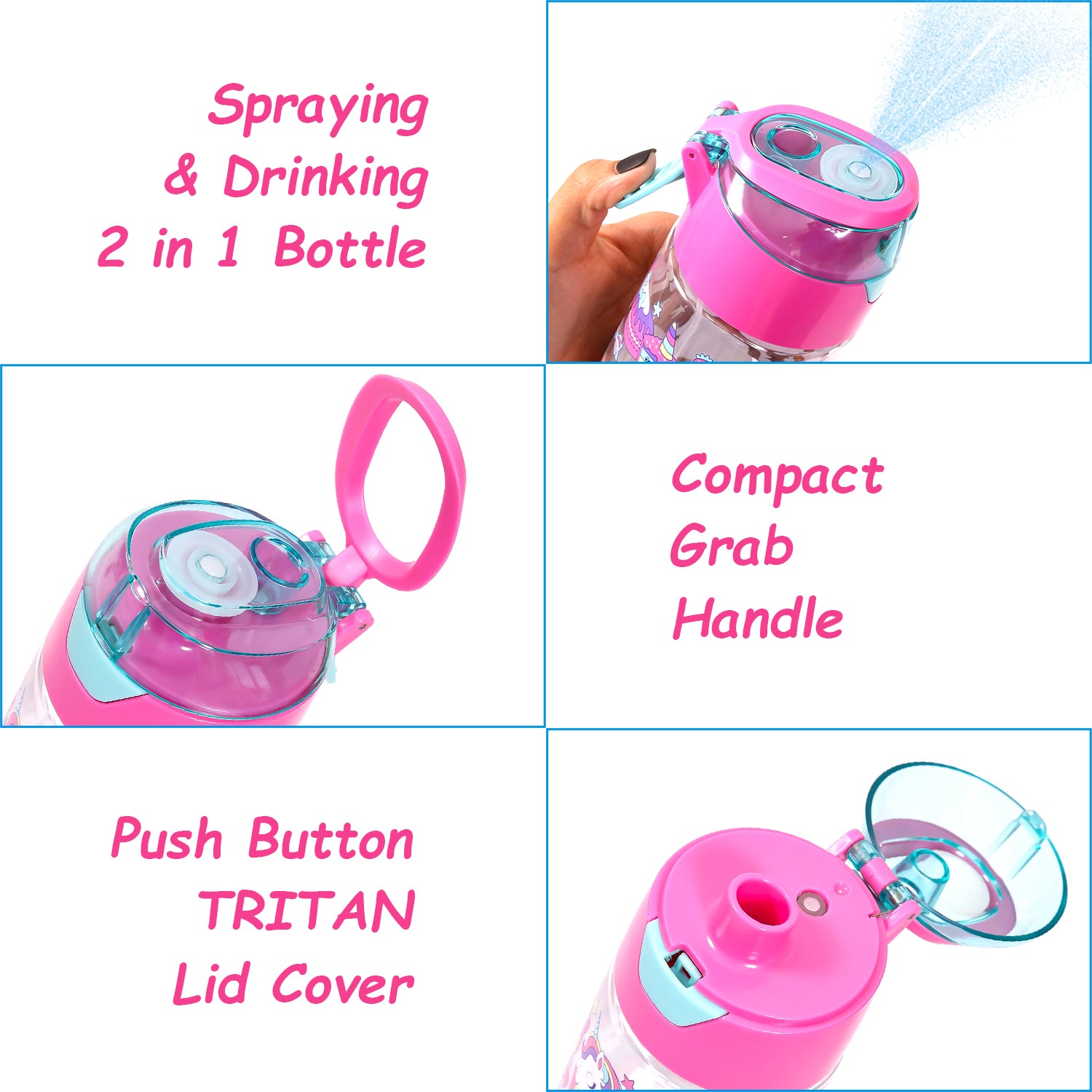 EAZY KIDS Tritan Water Bottle w/Spray, Unicorn Desert - Pink, 750ml