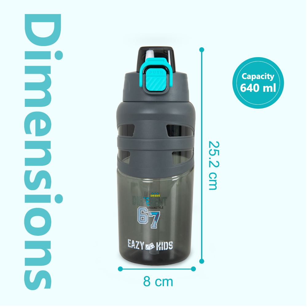 Eazy Kids Personalized Flip Top Water Bottle 750ml – BPA Free Spout & Straw Bottle for Kids, Urban Grey