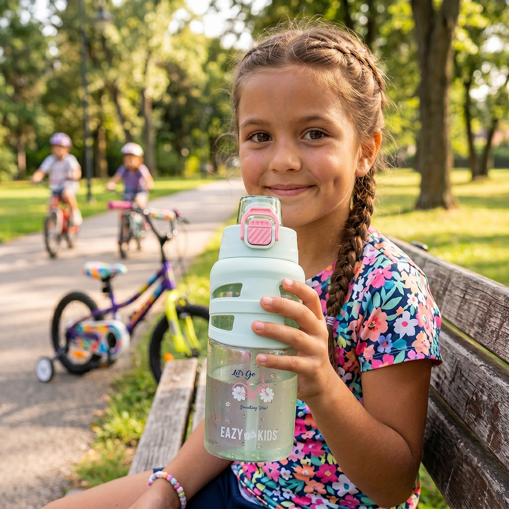 Eazy Kids Flip Top Water Bottle 750ml – BPA Free Spout & Straw Bottle for Kids, Bicycle Mint