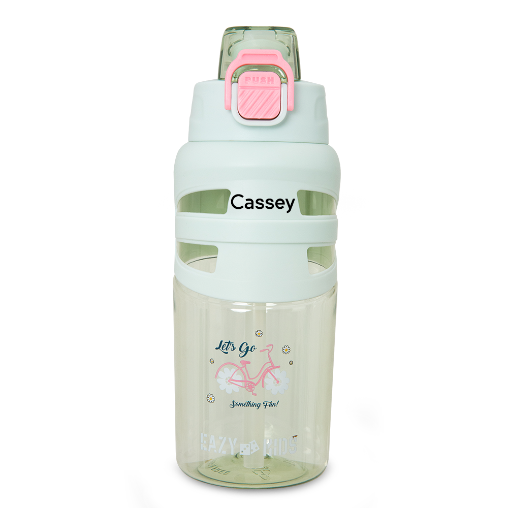 Eazy Kids Personalized Flip Top Water Bottle 750ml – BPA Free Spout & Straw Bottle for Kids, Bicycle Mint