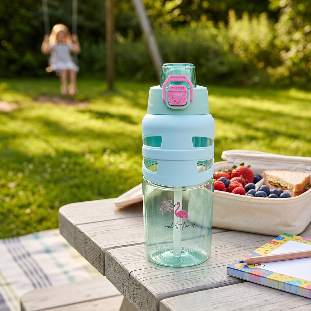 Eazy Kids Flip Top Water Bottle 750ml – BPA Free Spout & Straw Bottle for Kids, Flamingo Aqua