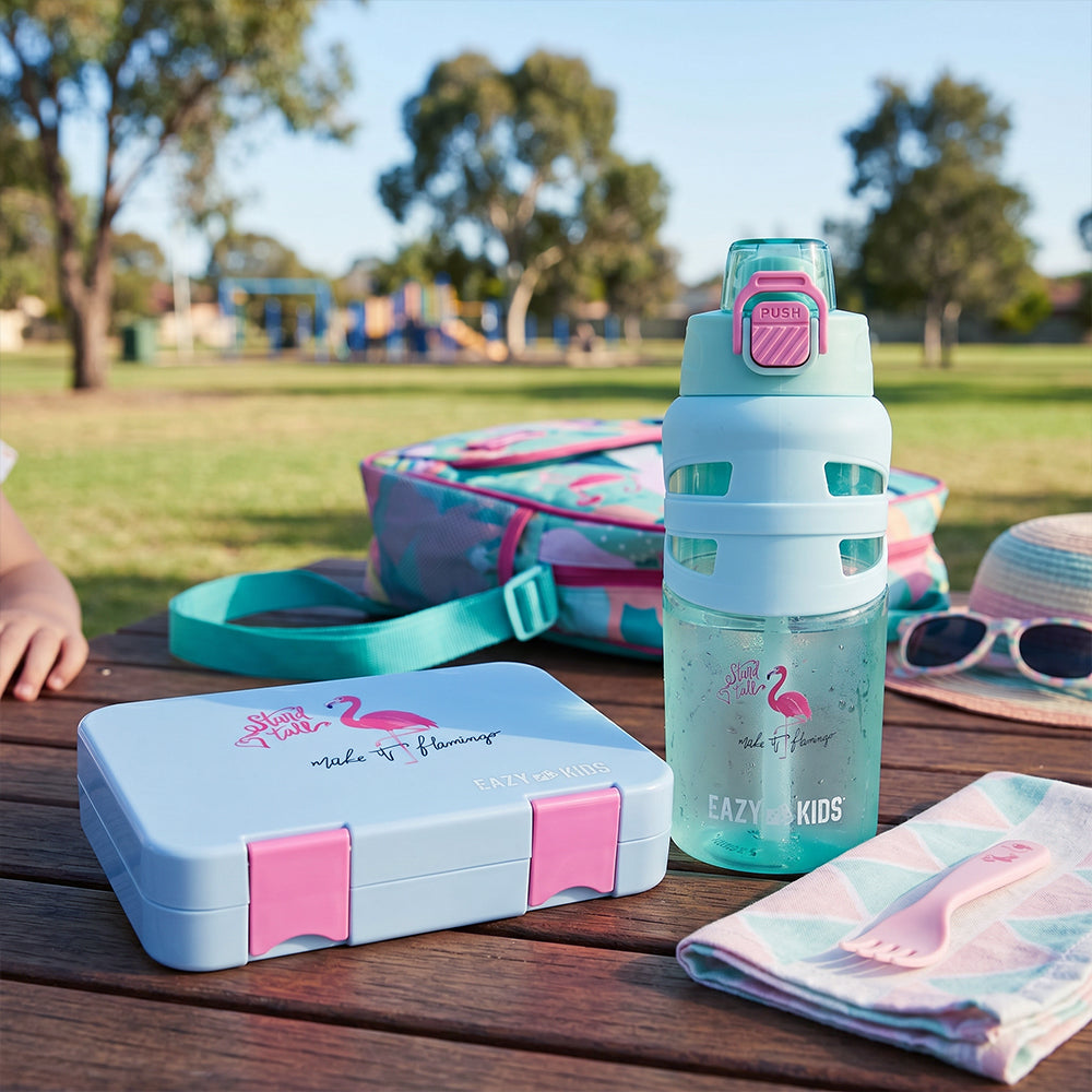 Eazy Kids Personalized Flip Top Water Bottle 750ml – BPA Free Spout & Straw Bottle for Kids, Flamingo Aqua