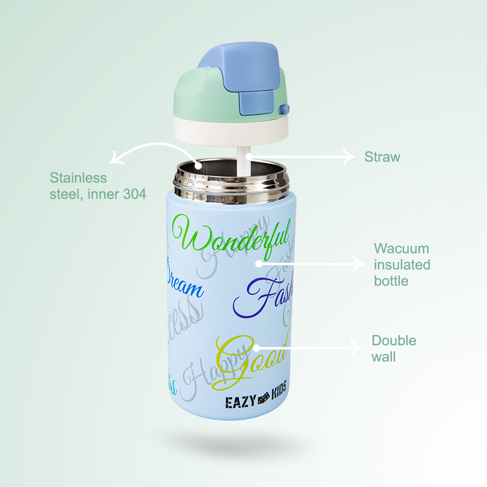 Eazy Kids Stainless Steel Water Bottle Bling w/ Straw and Spout 445 mL Success Blue