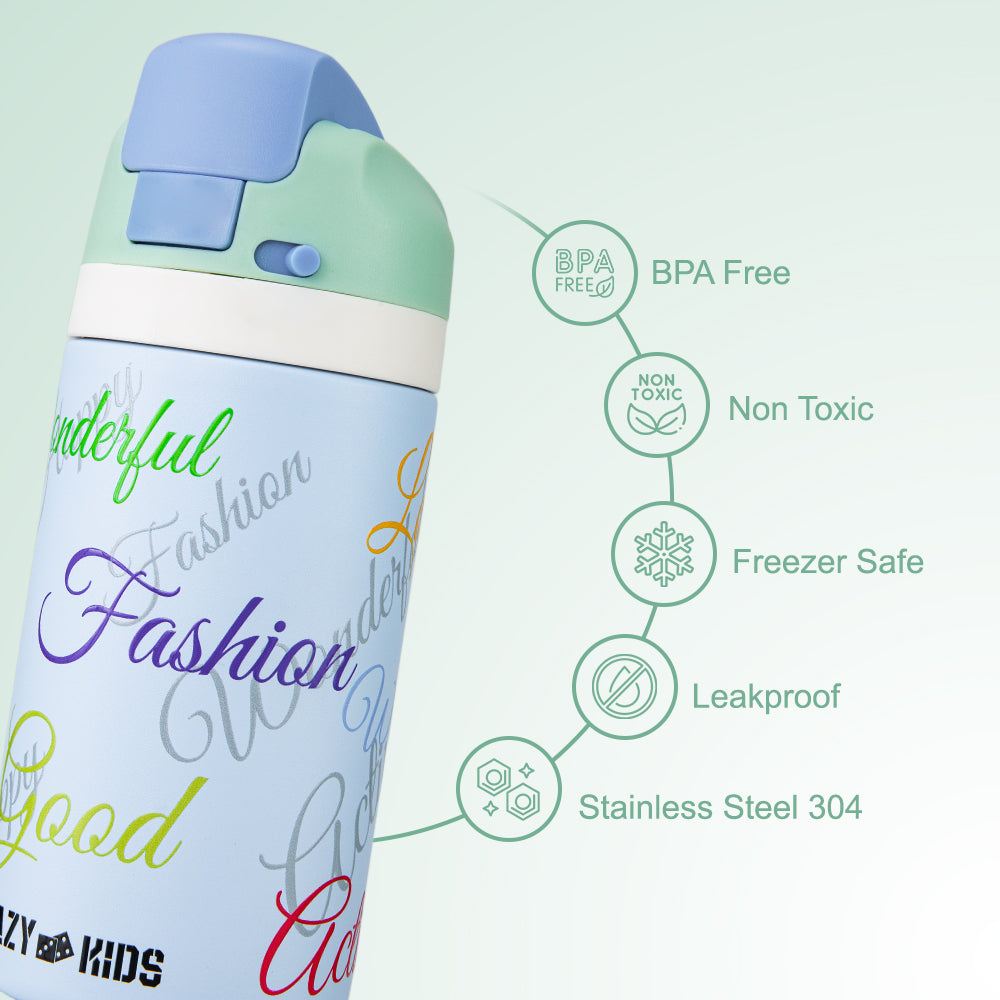 Eazy Kids Personalized Stainless Steel Water Bottle Bling w/ Straw and Spout 445 mL Success Blue