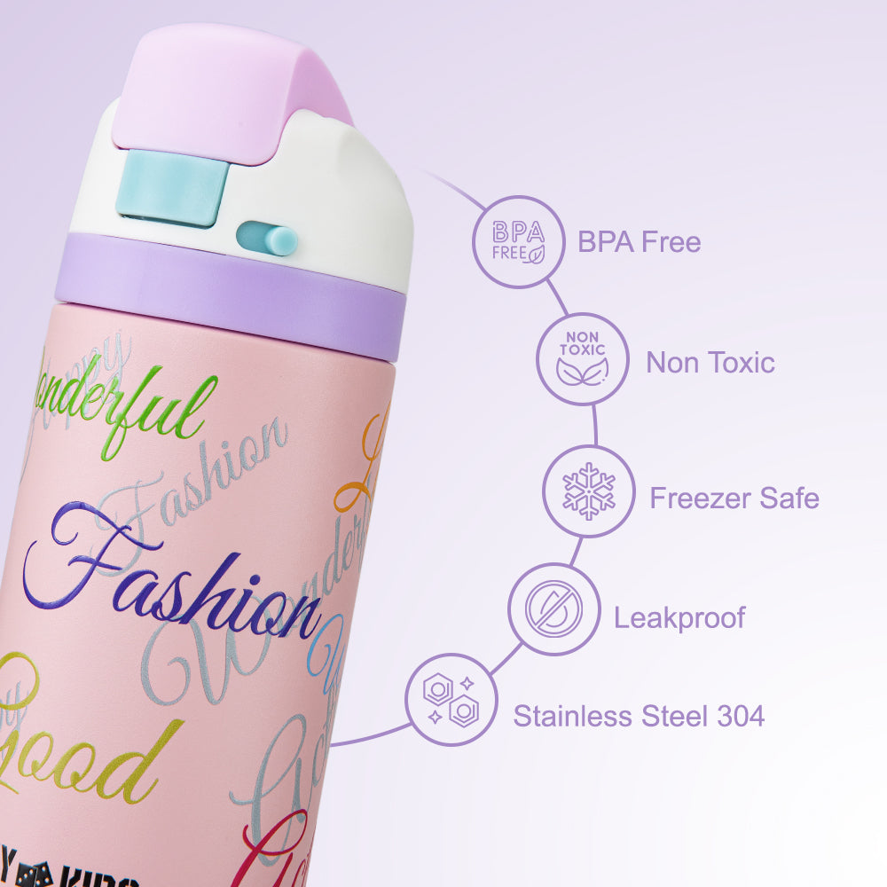 Eazy Kids Stainless Steel Water Bottle Bling w/ Straw and Spout 445 mL Success Pink