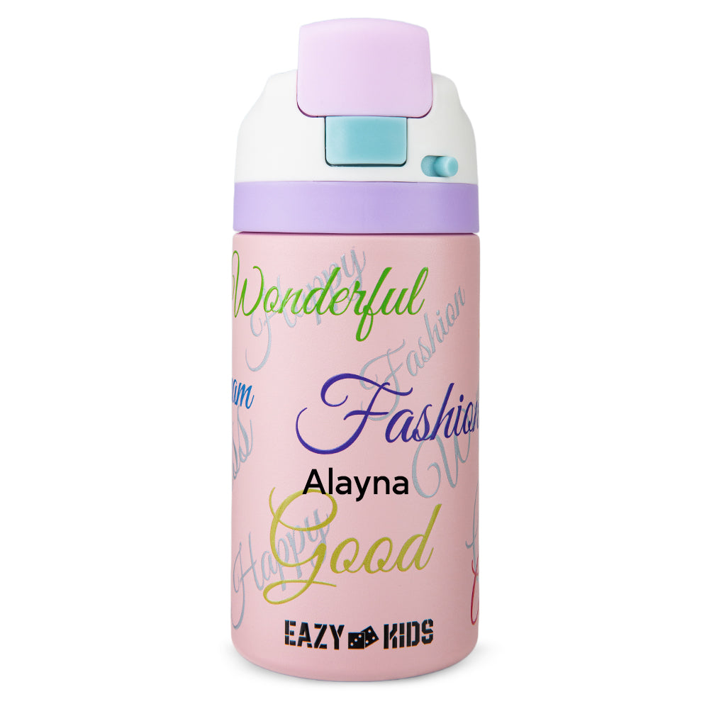 Eazy Kids Personalized Stainless Steel Water Bottle Bling w/ Straw and Spout 445 mL Success Pink