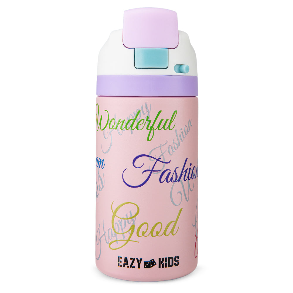 Eazy Kids Personalized Stainless Steel Water Bottle Bling w/ Straw and Spout 445 mL Success Pink