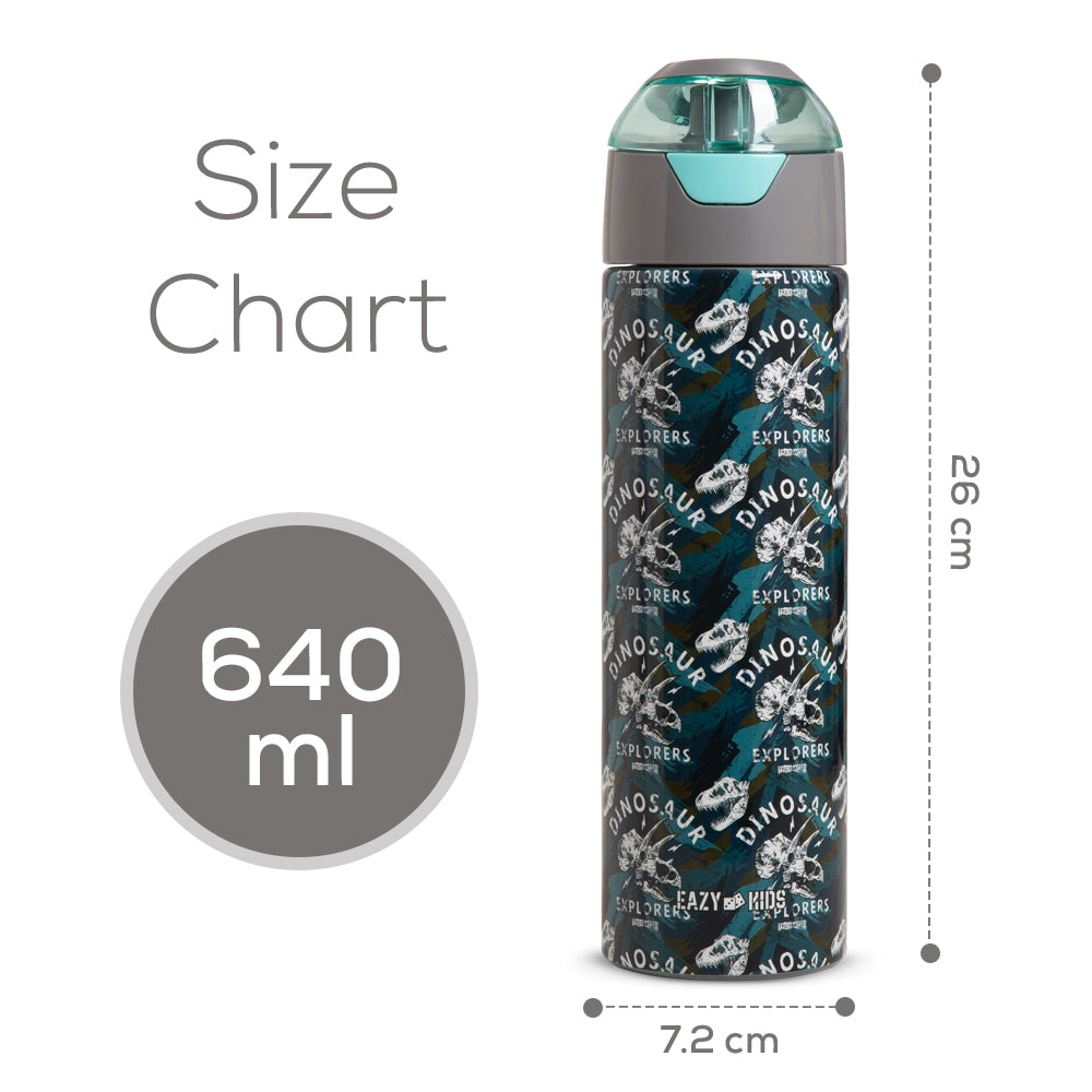 EAZY KIDS - Insulated Stainless Steel Water Bottle w/Spray -Dinosaurs, 640ml Green