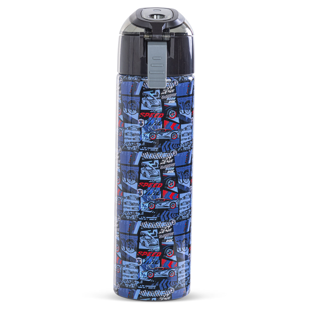 EAZY KIDS - Insulated Stainless Steel Water Bottle w/Spray -Car Racing, 640ml Blue