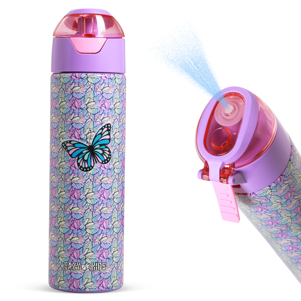 EAZY KIDS - Insulated Stainless Steel Water Bottle w/Spray -Butterfly, 640ml Purple